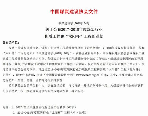 陜煤建設礦建二公司姚家埝回風立井井筒工程獲煤炭行業(yè)優(yōu)質(zhì)工程和“太陽杯”工程