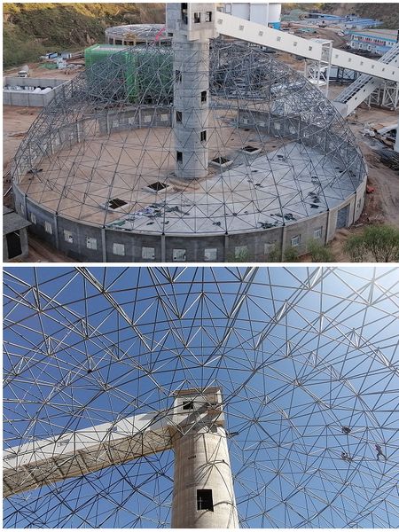 陜煤建設(shè)天工公司承建的原煤儲(chǔ)煤場(chǎng)網(wǎng)架主體結(jié)構(gòu)順利封頂