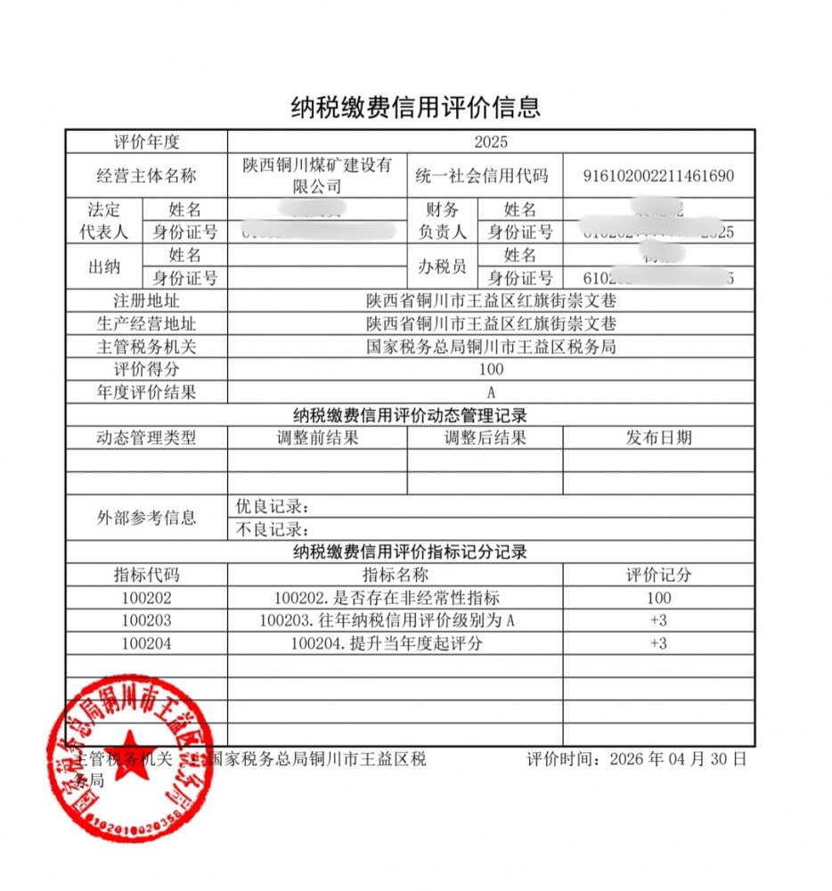 陜煤建設(shè)銅煤公司連續(xù)四年獲評(píng)納稅信用A級(jí)企業(yè)